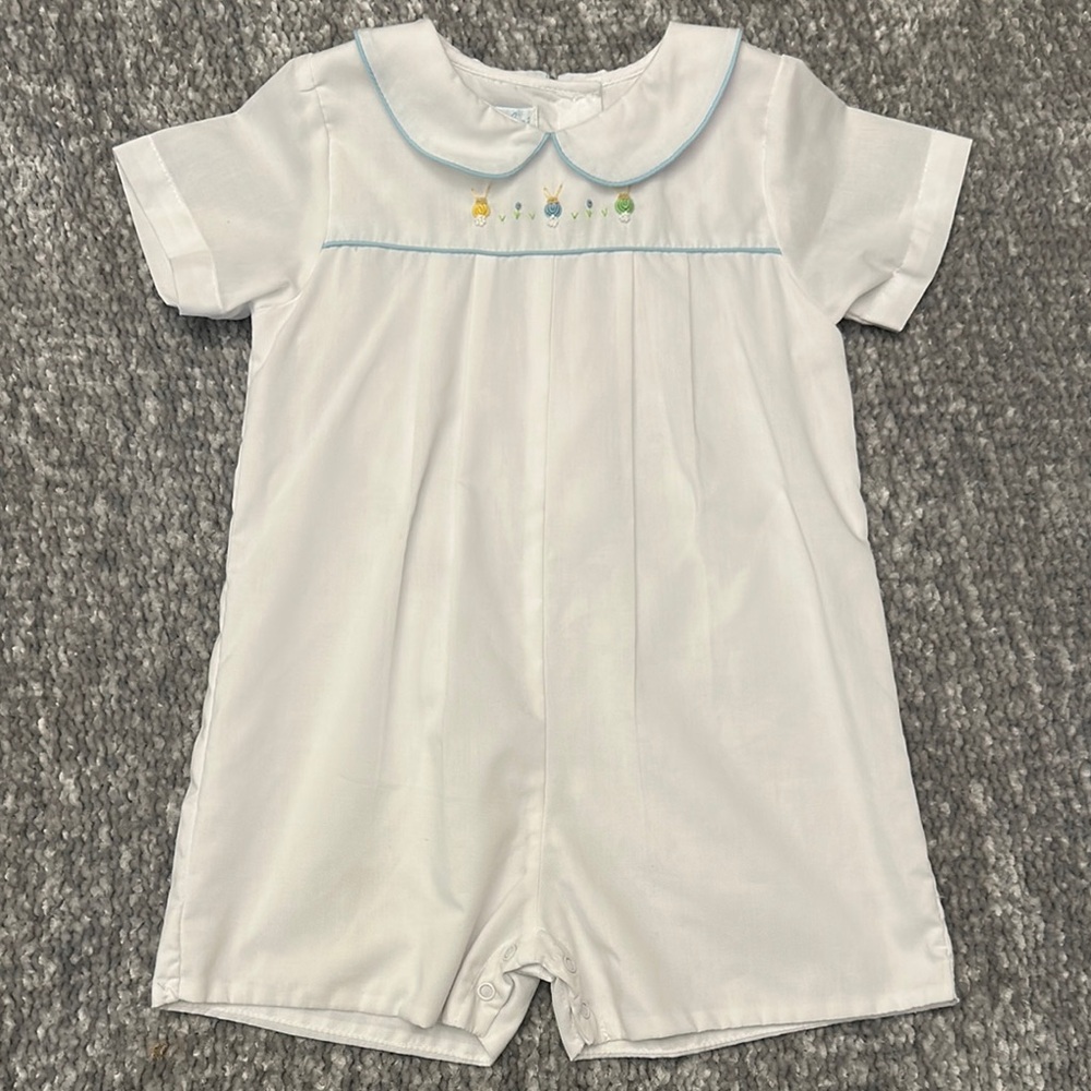 Petit Ami Easter White Romper with Blue Trim and Pastel Embroidery 🥕🐰